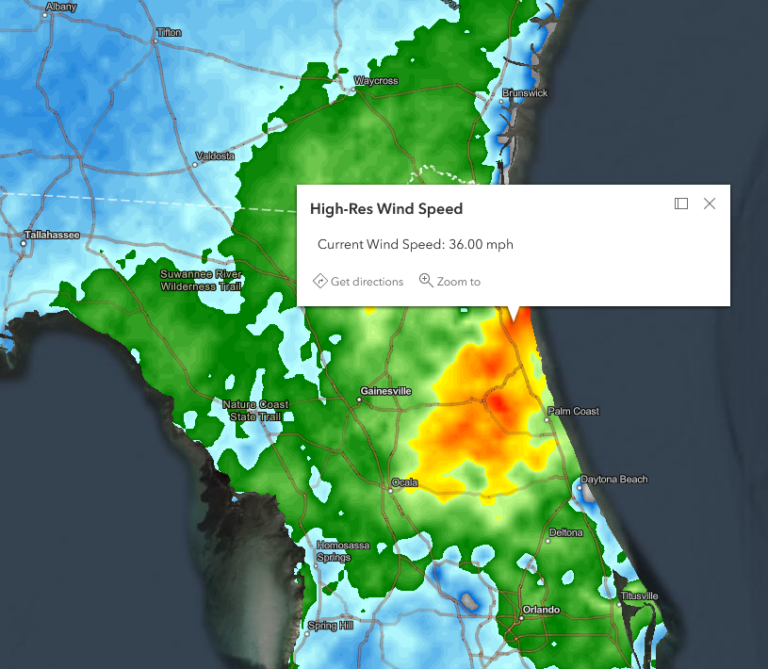 Являясь частью партнерской сети Esri, компания Baron Weather может делать снимки экрана текущей скорости ветра