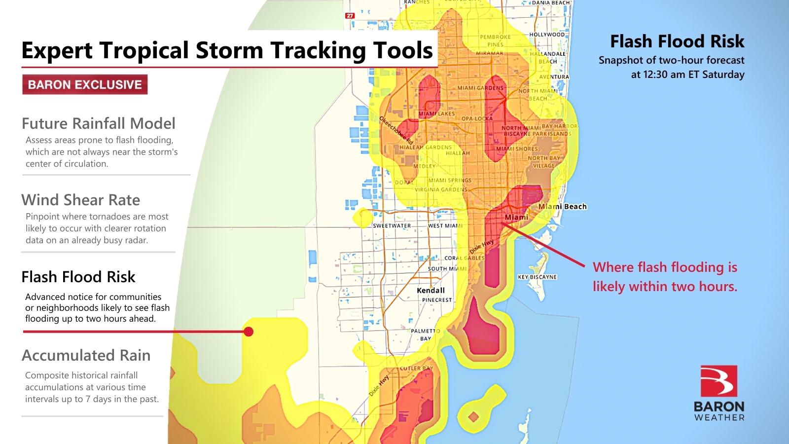 Снимок риска внезапных наводнений в Бароне с помощью API Baron Weather и специального картографического приложения.